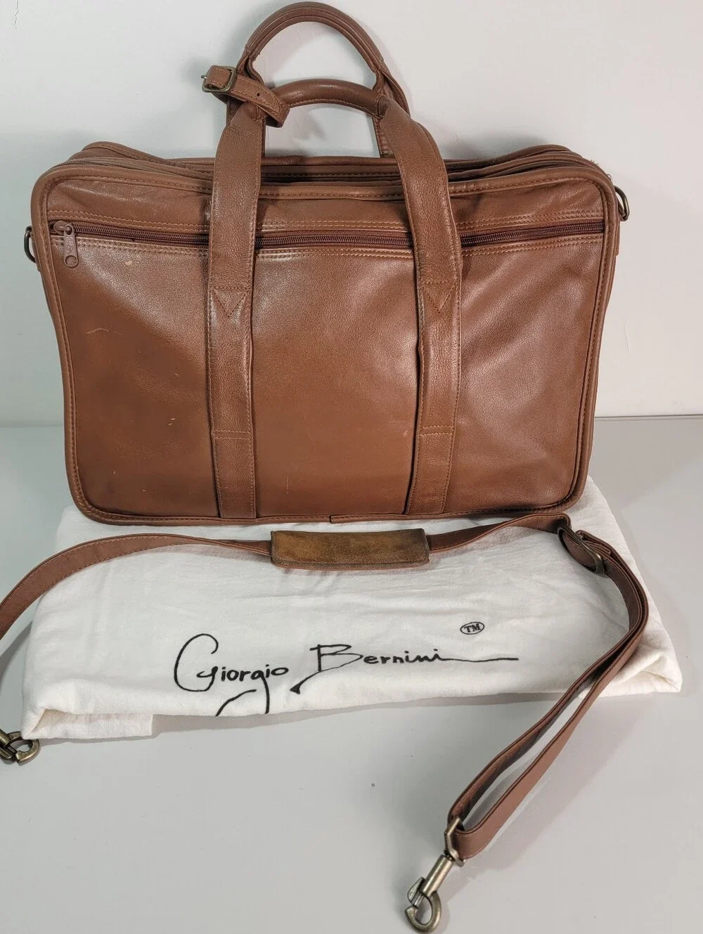 Giorgio Bernini Expandable Messenger Bag Brown Leather Laptop Briefcase-Dust Bag